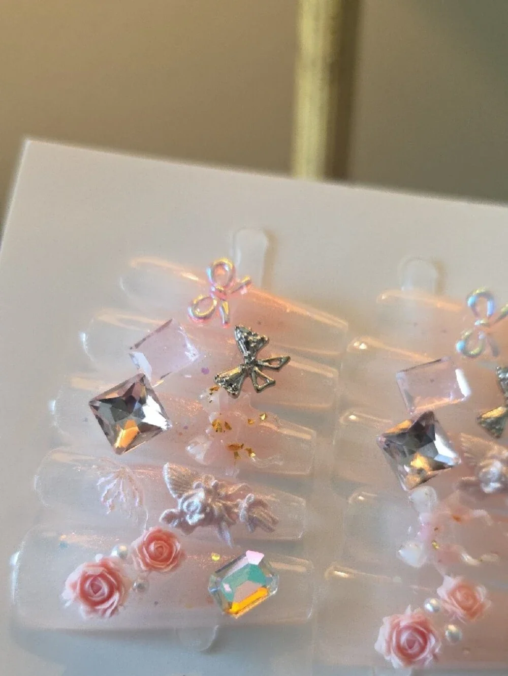 Pink Floral 3D Embellished Press-On Nail Set Size Large